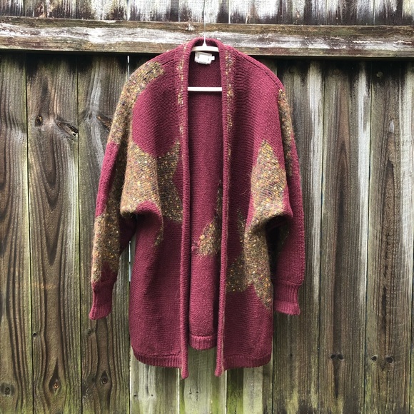 Leslie Fay Sweaters - Vintage Wool Blend Long Burgundy Cardigan Open Front Balloon Sleeve Oversized